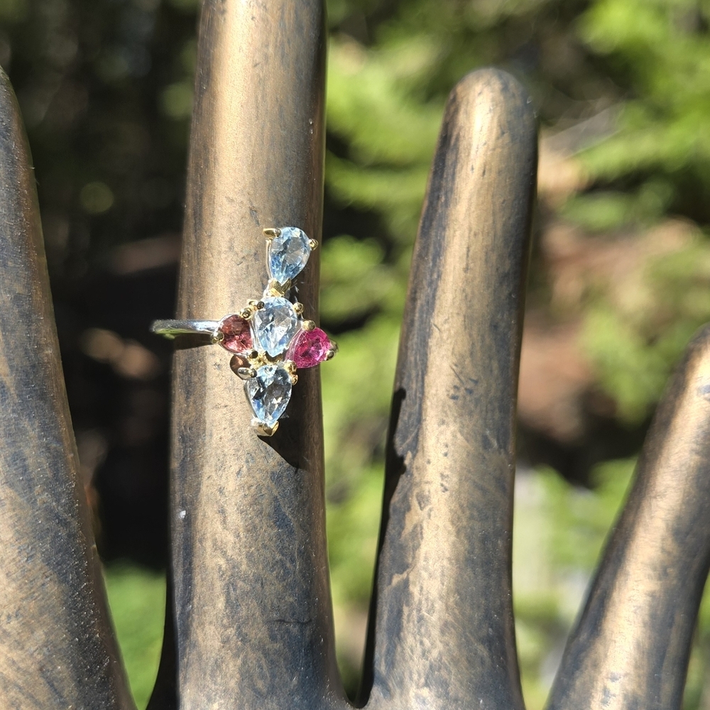 Blue Topaz 6k & Tourmaline Stering & Gold Ring Sz6 - Picture 6 of 8